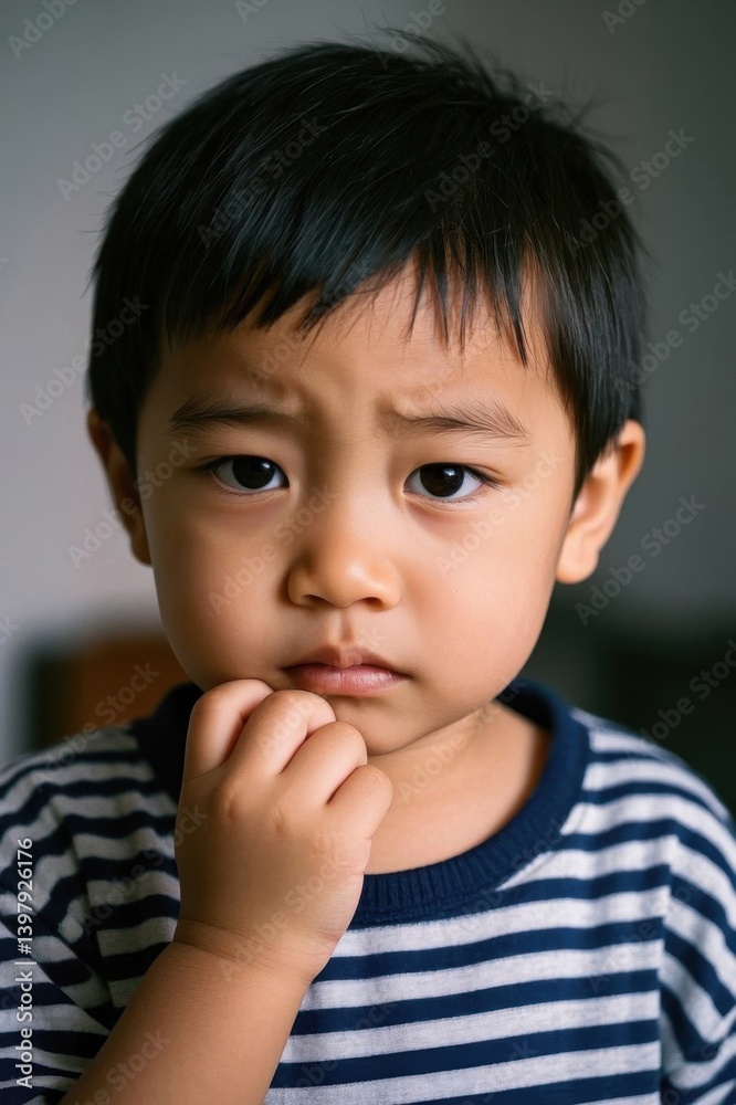 there is a young boy that is holding his hand to his mouth