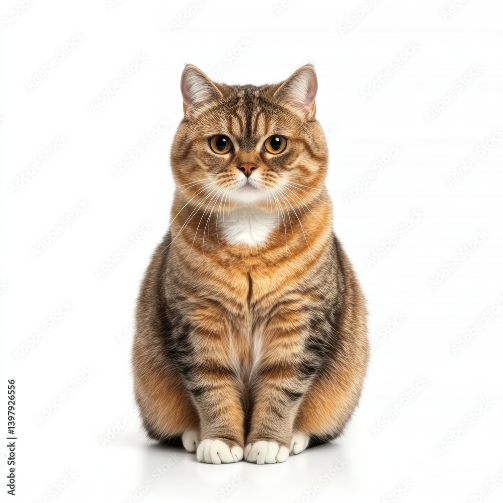 Obraz premium Tabby cat sitting, studio shot, white background, pet portrait