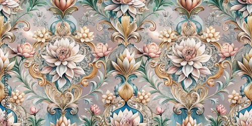 Intricate floral wallpaper design featuring soft pastels and elegant details.
