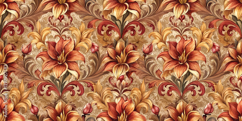 Vibrant orange and gold floral pattern on a rich brown background.
