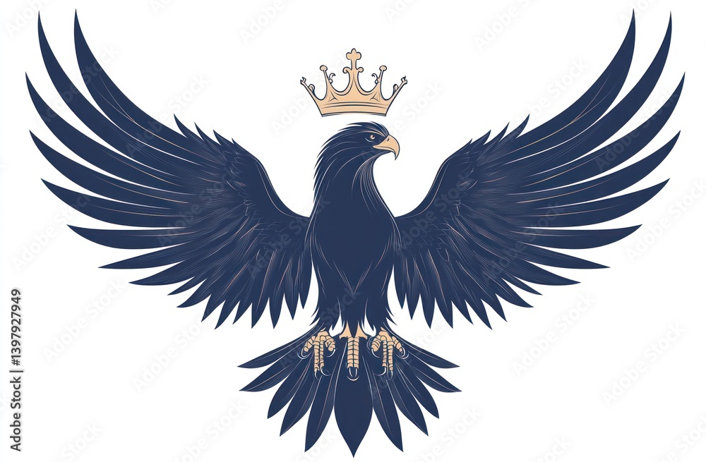 Fototapeta premium Crowned eagle heraldic crest, wings spread, white background, design element