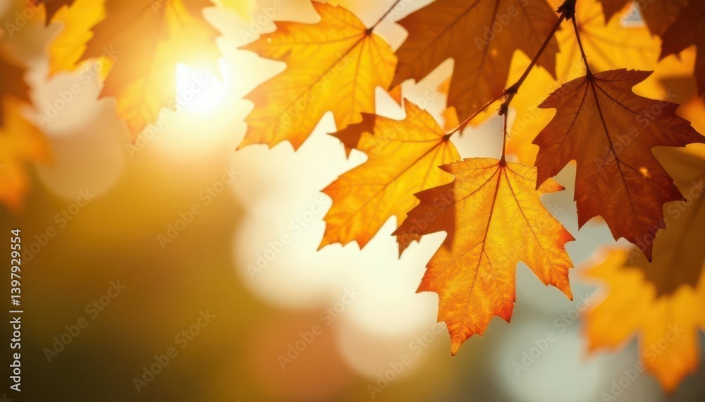 Obraz premium Golden oak leaves, sunlight filtering through, gold, landscape, park