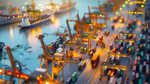 Timelapse of industrial shipping yard filled with cargo cranes, containers, and lights during dusk, global logistics and international transport concept.