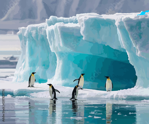 illustration iceberg snow crystal penguin Spheniscidae polar landscape antartica