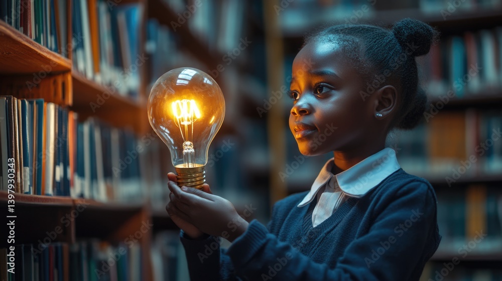 equality education volunteer service concept picture of underprivileged African primary student with glowing light bulb in hand at library bookshelves.