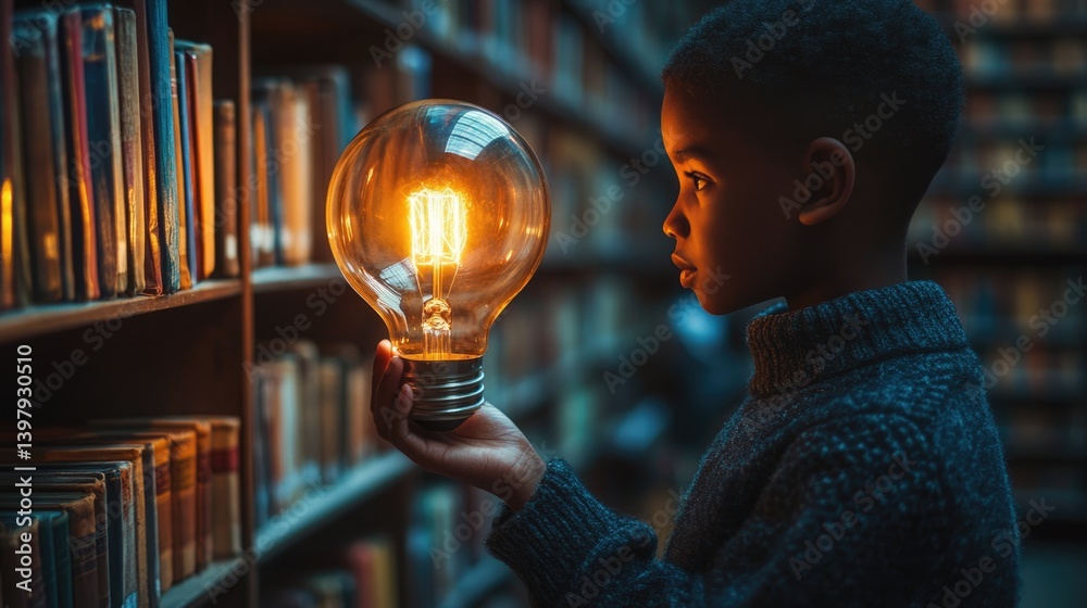 equality education volunteer service concept picture of underprivileged African primary student with glowing light bulb in hand at library bookshelves.