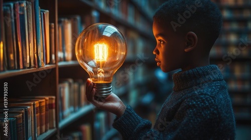 Obraz na płótnie equality education volunteer service concept picture of underprivileged African primary student with glowing light bulb in hand at library bookshelves. w salonie