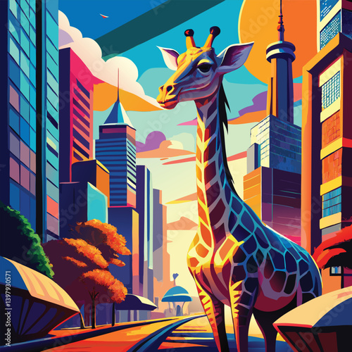 Vibrant Giraffe in Abstract Cityscape with Colorful Urban Surroundings