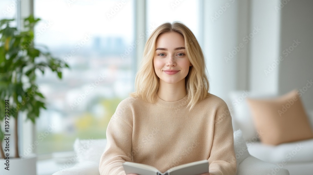 Smiling woman reading a book indoors Smiling woman reading a book indoors