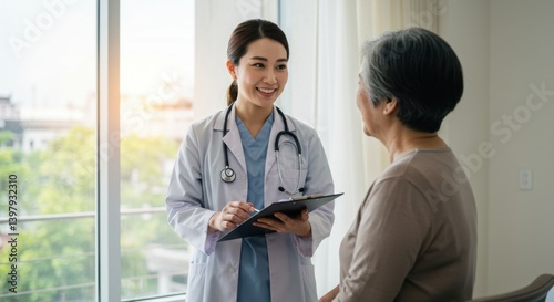 Smiling Asian Female Doctor with Ponytail Consulting Elderly Asian Female Patient Indoors in Bright Medical Office