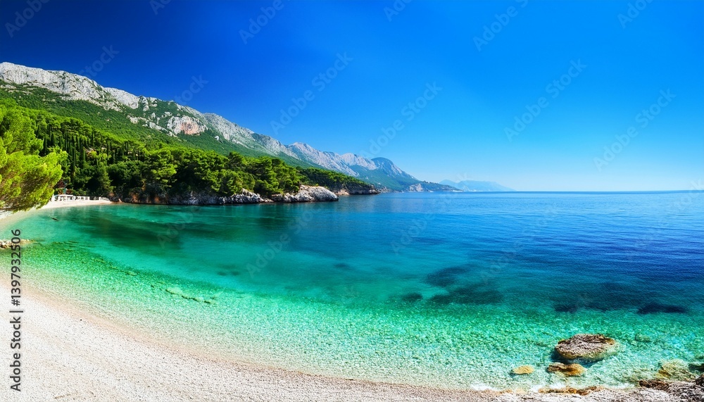 Beach crystal clear water in Adriatic Sea and Green Mountains Beach crystal clear water in Adriatic Sea and Green Mountains