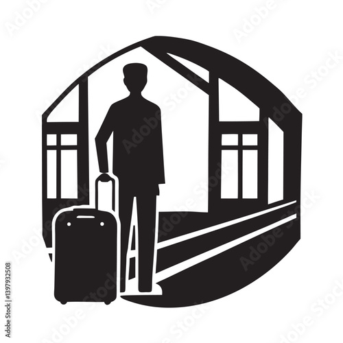 Traveler with suitcase at train station silhouette
