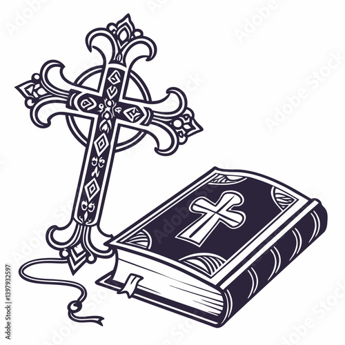 "Holy Bible with Cross AI-Generated Vector & Line Art Design for Print"