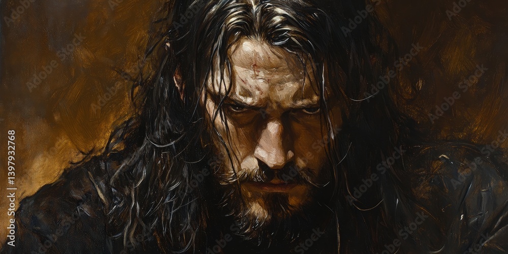 Obraz premium Intriguing portrait of a bearded man with flowing hair, rendered in rich oil paints. Warm tones create a classic, detailed aesthetic