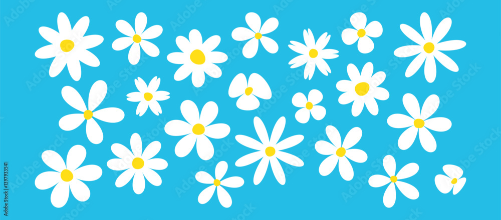 Cartoon flower daisy icon, spring chamomile set, cute baby camomile, white groovy character, fun plant, comic floral doodle on blue background. Funky blossom head. Simple vector illustration Cartoon flower daisy icon, spring chamomile set, cute baby camomile, white groovy character, fun plant, comic floral doodle on blue background. Funky blossom head. Simple vector illustration