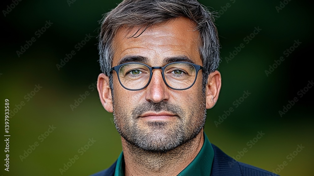 Confident man with glasses and a serious expression in a blurred background