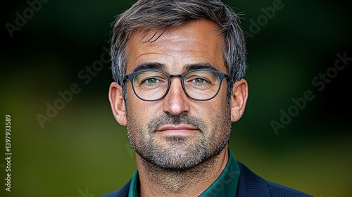 Confident man with glasses and a serious expression in a blurred background