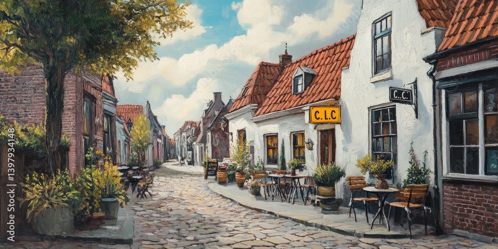 Fototapeta premium Charming cobblestone street scene. Whitewashed buildings with red roofs line the lane, bathed in soft light and fluffy clouds. A quaint, timeless village