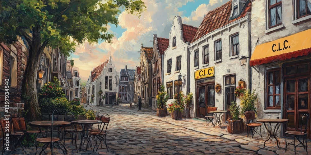 Obraz premium Charming cobblestone street scene. Tall buildings, a yellow awning, and a cloudy sky evoke a quaint, European town