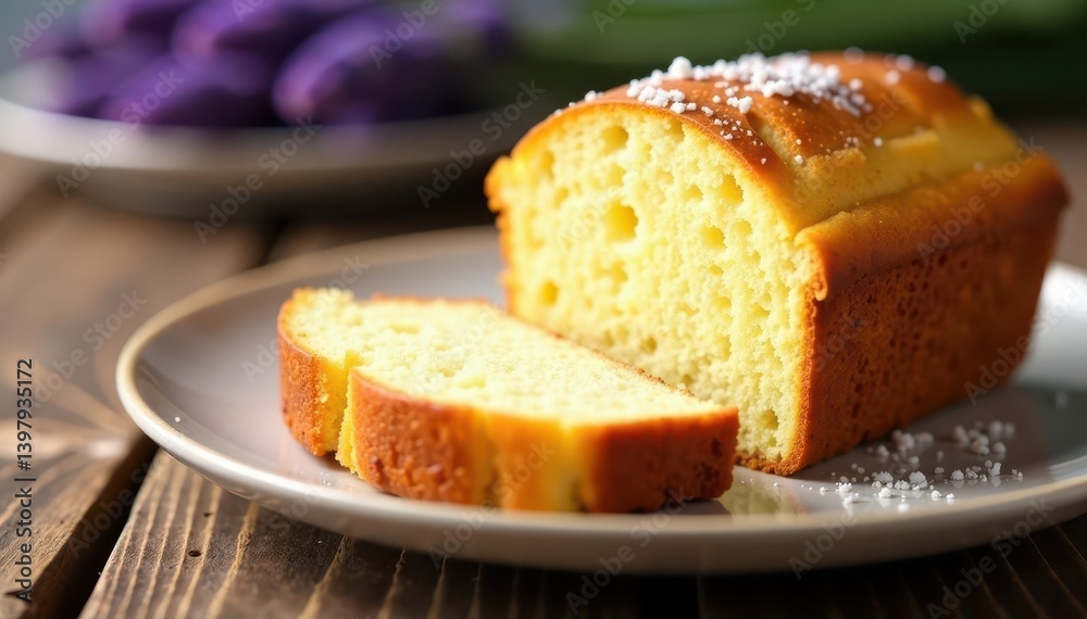Sliced honey lavender pound cake, golden crust, aromatic, lavender, texture Sliced honey lavender pound cake, golden crust, aromatic, lavender, texture