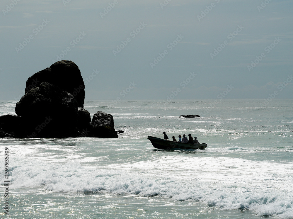 Fishing boat on a wavy sea, Sri Lanka, Asia