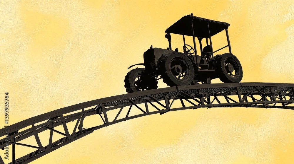 A silhouette of a tractor on a curved bridge against a yellow background