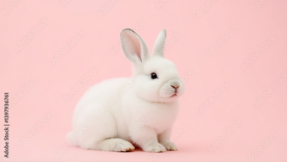 Obraz premium Fluffy white rabbit and pink background