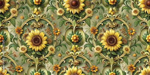 Beautiful floral wallpaper pattern featuring sunflowers and intricate detailing.