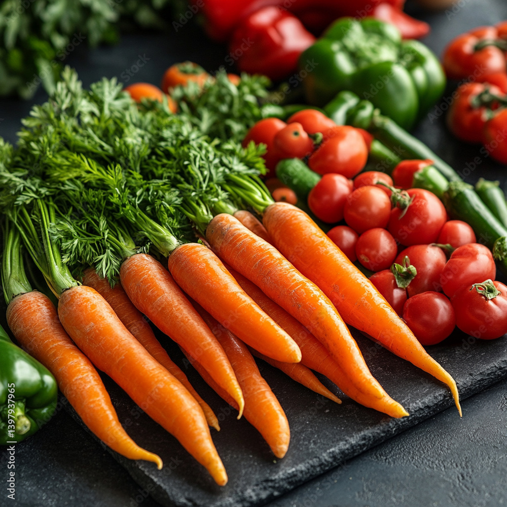 Fresh vegetables arranged on a dark stone surface Fresh vegetables arranged on a dark stone surface