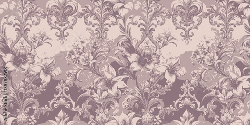 Elegant floral vintage wallpaper design in soft lavender tones.