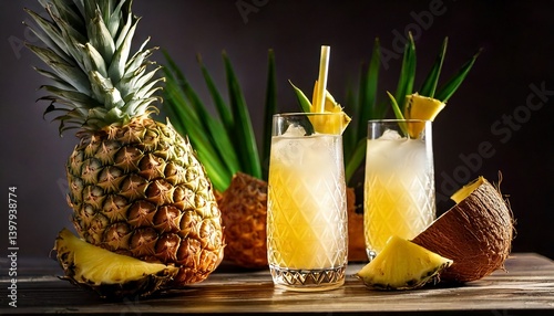Fresh pineapple juice with coconut water, served in designer glasses with exotic fruit garnish, classy tropical feel, luxury restaurant decor