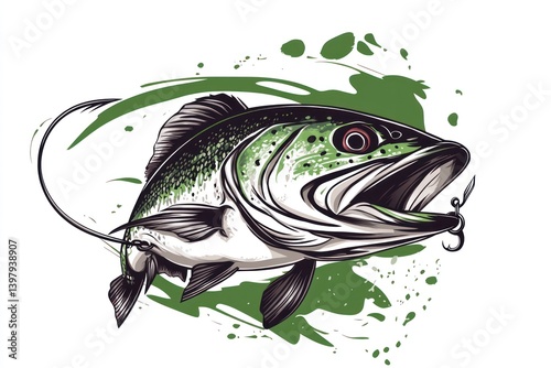 Hooked trout, green splash, white background, fishing design