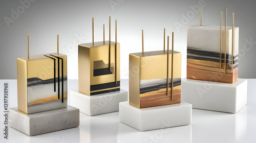 Abstract Gold and Stone Cuboid Sculptures on White Marble Bases photo