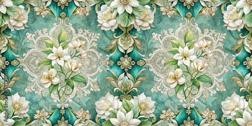 Elegant floral wallpaper design featuring white blooms on a turquoise background.