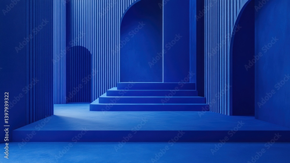 Fototapeta premium Monochromatic blue building interior with arches and minimalist stairs.