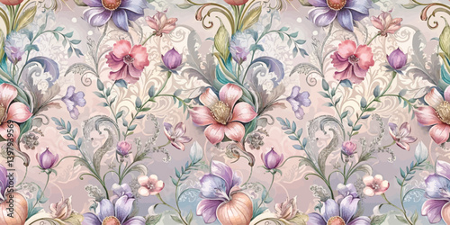 Elegant floral wallpaper pattern featuring pastel flowers and delicate designs.