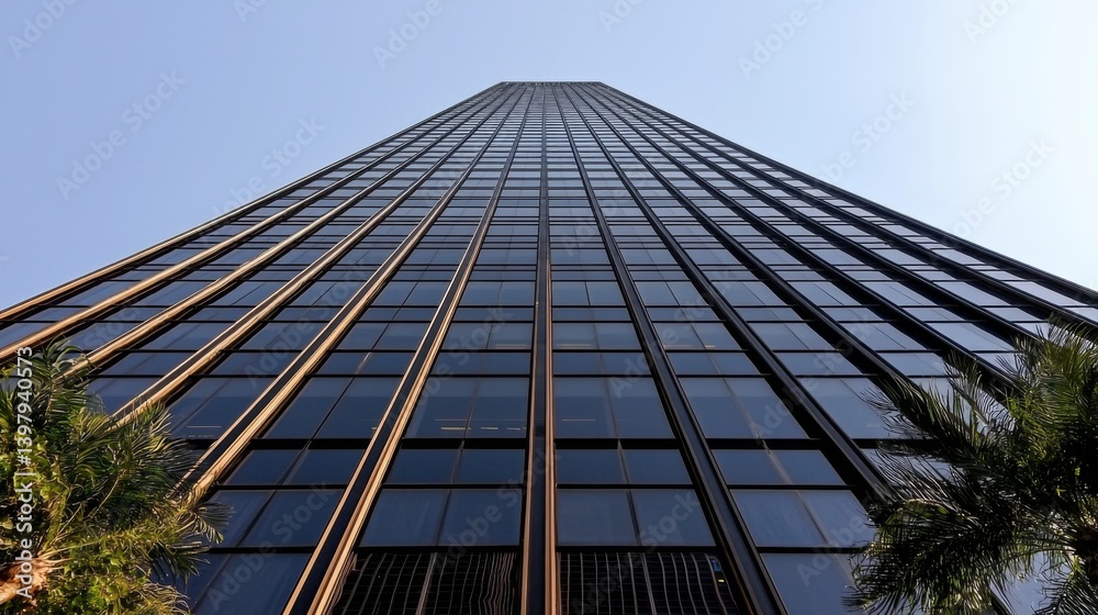 Tall modern skyscraper viewed from below against a clear blue sky