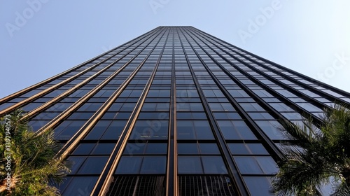Obraz na płótnie Tall modern skyscraper viewed from below against a clear blue sky w salonie