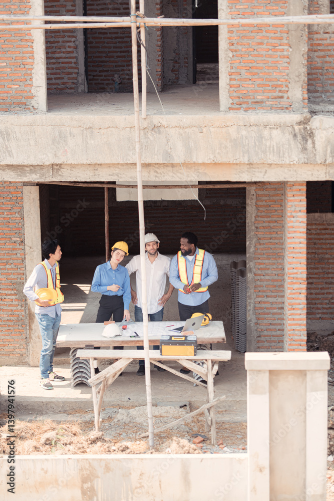 Fototapeta premium Group of architects and engineers work together to assess the residential home construction site's progress