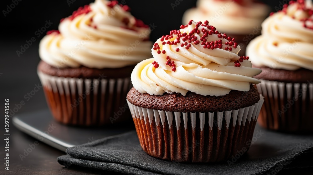 An inviting cupcake adorned with fluffy frosting, sprinkled with colorful red decorations, embodying the essence of sweet celebrations and joy-filled gatherings. An inviting cupcake adorned with fluffy frosting, sprinkled with colorful red decorations, embodying the essence of sweet celebrations and joy-filled gatherings.