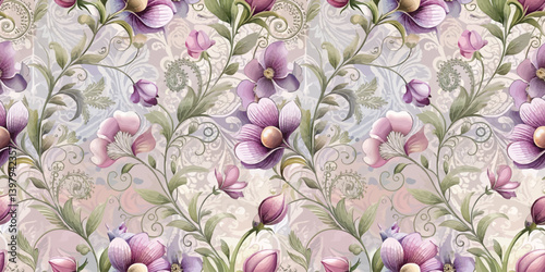 Elegant floral pattern featuring soft purple and pink flowers on a delicate background.