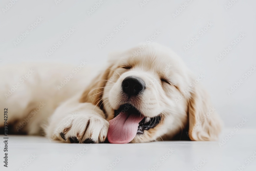 Sleeping puppy laying on white background, showing tongue out, for pet supplies or adoption Sleeping puppy laying on white background, showing tongue out, for pet supplies or adoption