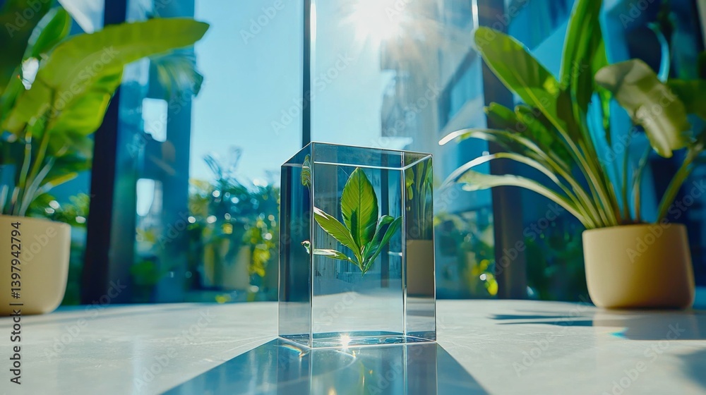 A clear acrylic block with a green plant inside, illuminated by sunlight