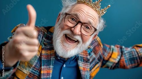 An elderly man with a white beard dancing energetically wearing a plaid blazer and crown.