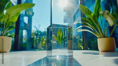 Obraz na płótnie A clear acrylic block with a green plant inside, illuminated by sunlight w salonie