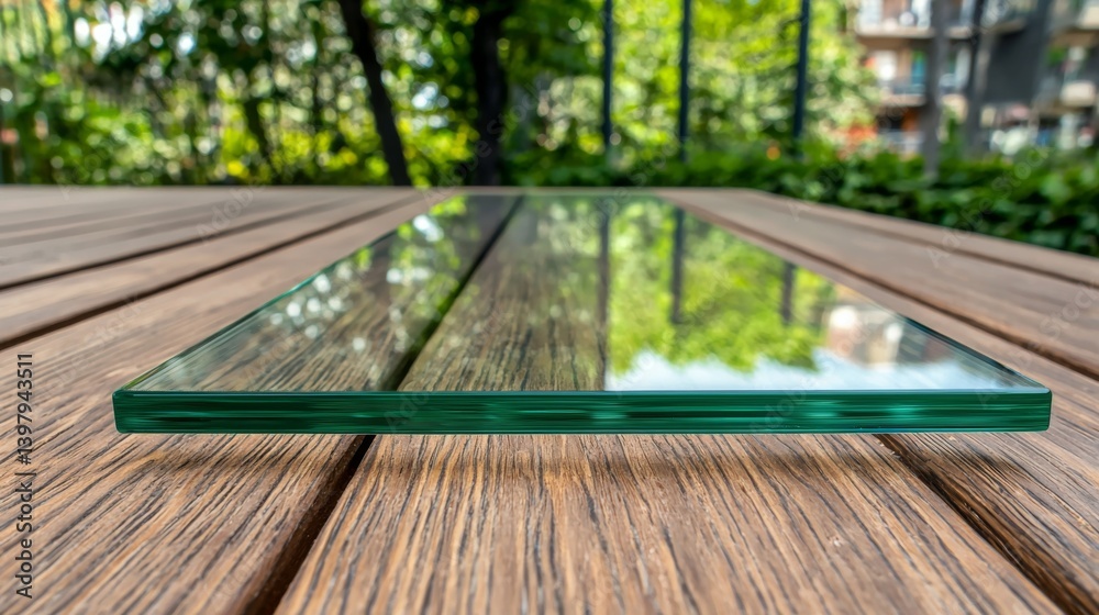 Reflective glass panel resting on a wooden surface in a garden setting