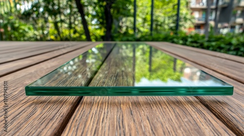 Obraz na płótnie Reflective glass panel resting on a wooden surface in a garden setting w salonie