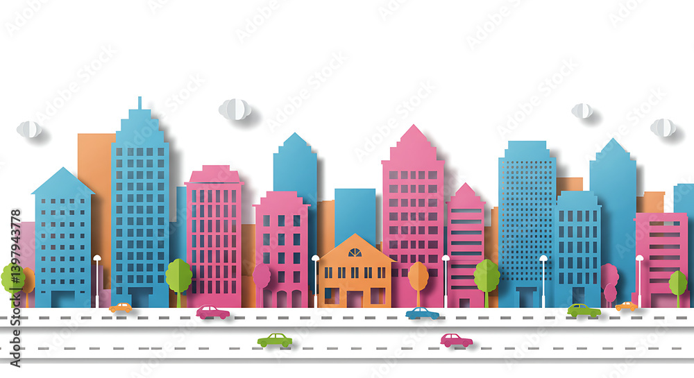 Obraz premium Colorful Cityscape in Paper Cut Style