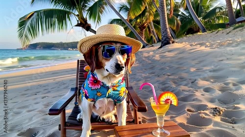 Dog on a beach lounger on a paradisiacal beach sipping a refreshing drink
