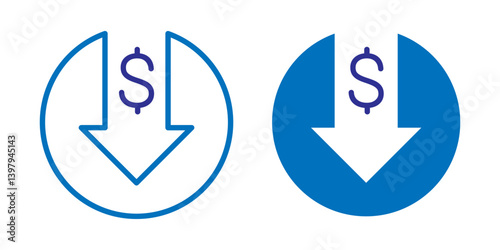 Vector isolated dollar decrease icon set in blue outline and fill